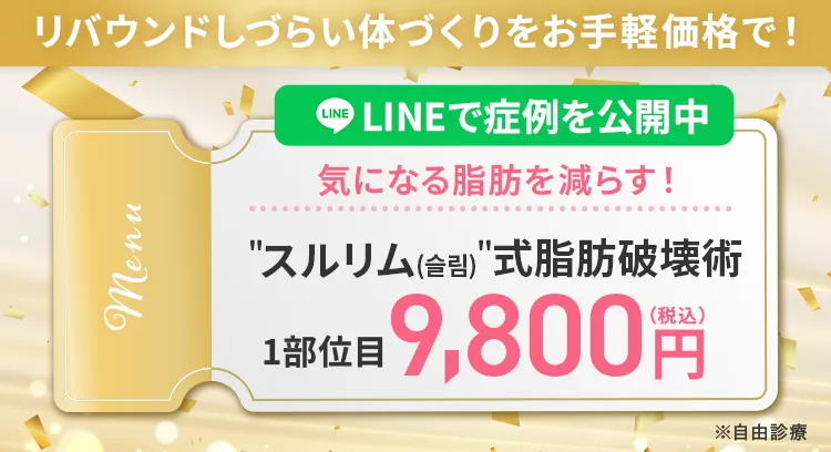 ＂スルリム（슬림）＂式 脂肪破壊術で気になる脂肪をと減らす！LINEで症例を公開中 1部位目 9,800円(税込)