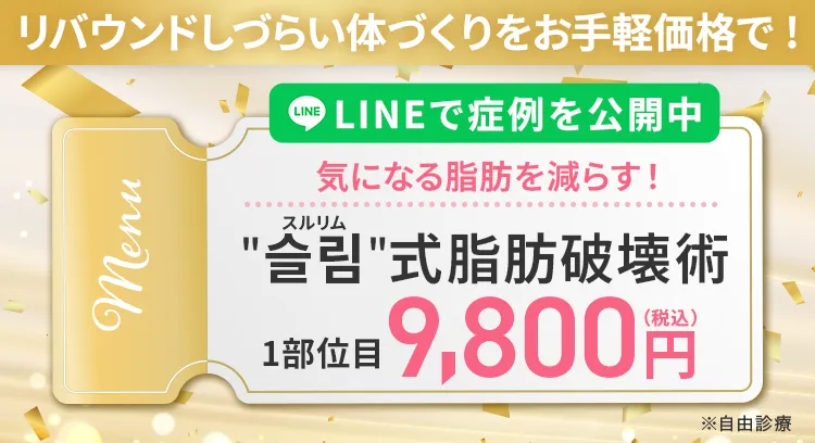 ＂슬림＂（スルリム）式 脂肪破壊術で気になる脂肪を減らすLINEで症例を公開中1部位目9,800円(税込)