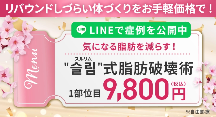 ＂슬림＂（スルリム）式 脂肪破壊術で気になる減らすLINEで症例を公開中1部位目9,800円(税込)