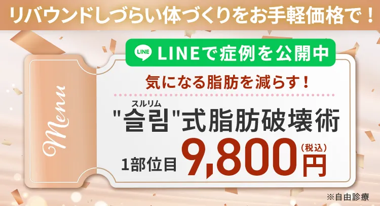 ＂슬림＂（スルリム）式 脂肪破壊術で気になる脂肪を減らすLINEで症例を公開中1部位目9,800円(税込)