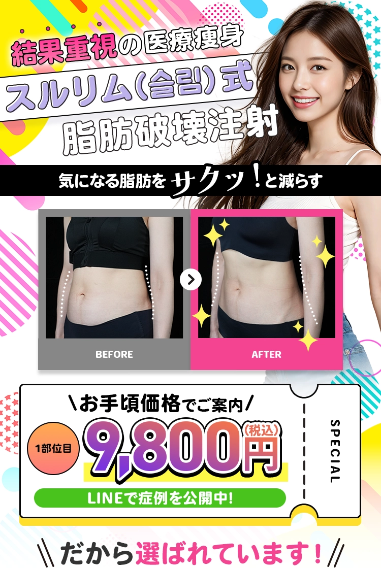 結果重視の医療痩身スルリム（슬림）式脂肪破壊注射 1部位目 9,800円（税込）