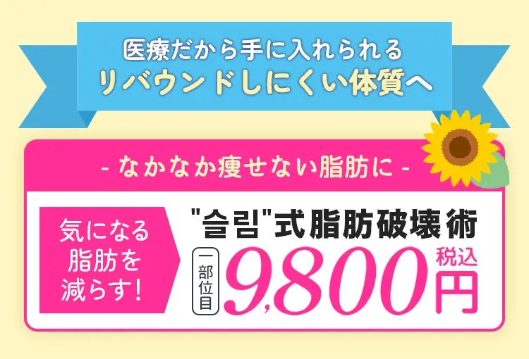 ＂슬림＂（スルリム）式 脂肪破壊注射 最大87%OFF1部位目9,800円(税込)