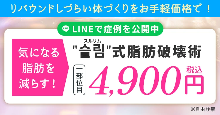 "슬림"(スルリム)式 脂肪破壊術で気になる減らすLINEで症例を公開中1部位目4,900円(税込)